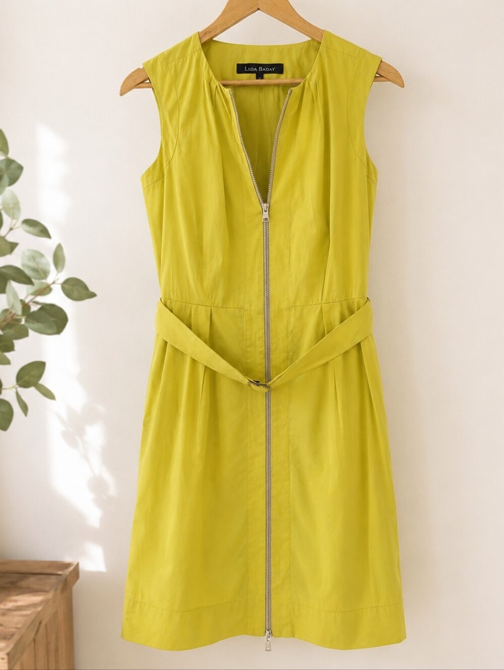 Lida Baday Chartreuse Sleeveless belted Zip-Front Dress, size 8, made in Canada